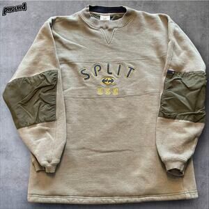 Split USA Sweatshirt Mens Large Olive Green Crewneck Embroidered Elbow Patches